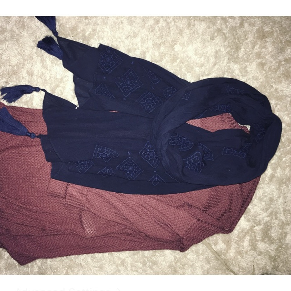 Navy embroidered scarf with tassels